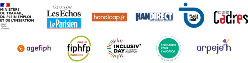 Partenaires 2023 du Trophée de l'Entreprise Inclusive : Ministère du Travail, du Plein Emploi et de l'Insertion, Groupe Les Echos - Le Parisien, Handicap.fr, Handirect, Place pour tous, Courrier Cadre, Agefiph, Fiphfp, Inclusiv'Day, Fondation pour l'Audition, Arpejeh